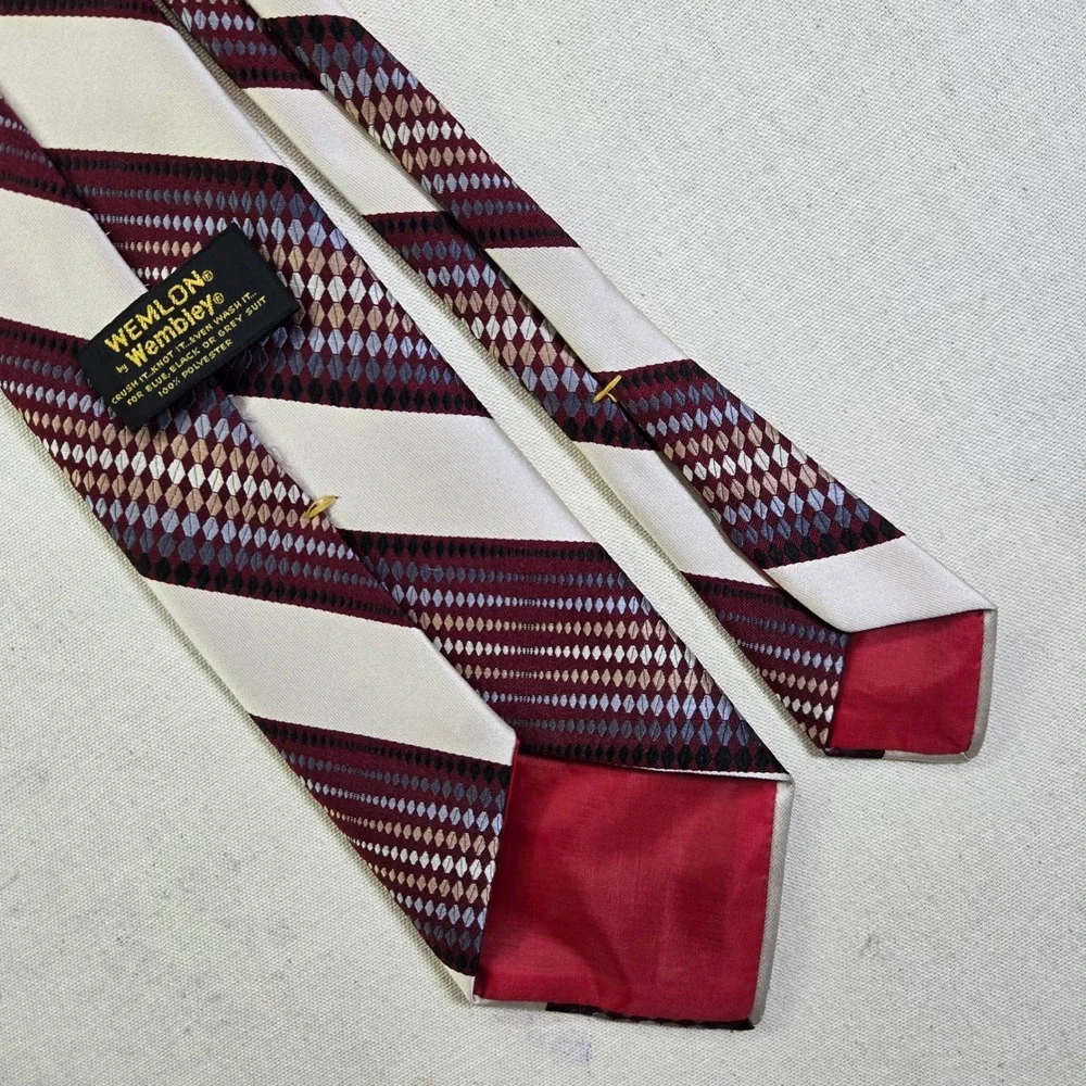 70s Tie Wemlon by Wembley Maroon Striped Vintage 1970s 100% Polyester Black Grey
